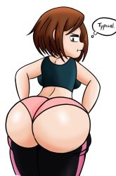  1girl ass ass_focus back backboob boku_no_hero_academia breasts brown_eyes brown_hair clothes clothes_grab doeswhatever embarrassed english_text female_focus grabbing highres huge_ass looking_back medium_breasts medium_hair open_clothes panties partially_undressed pink_panties simple_background solo speech_bubble underwear uraraka_ochako white_background  rating:Questionable score:31 user:SlayDash