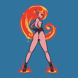  1girl akairiot ass blue_background brenna_(akairiot) fire hands_on_own_hips highres long_hair nude pointy_ears simple_background solo tagme very_long_hair  rating:Questionable score:25 user:V1h7u2