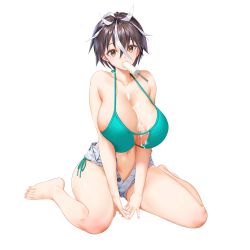 1girl bare_shoulders barefoot between_breasts bikini breasts_squeezed_together breasts brown_hair buttons cleavage dripping eating feet food food_in_mouth galatea_(last_origin) green_bikini highres huge_breasts kuuro_kuro last_origin looking_at_viewer multicolored_hair navel official_alternate_costume official_art popsicle popsicle_in_mouth sexually_suggestive short_hair short_shorts shorts sitting solo streaked_hair string_bikini swimsuit transparent_background two-tone_hair white_shorts yellow_eyes rating:Questionable score:36 user:danbooru