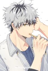  1boy absurdres blue_shirt bokuto_koutarou brushing_teeth character_name dilated_pupils grey_hair grey_jacket haikyuu!! hand_on_own_head highres holding holding_toothbrush jacket kwonrugger long_sleeves looking_at_viewer male_focus multicolored_hair shirt solo sparkle_background toothbrush two-tone_background two-tone_hair yellow_eyes 