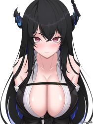  1girl adapted_costume asymmetrical_horns bare_shoulders black_hair blue_hair blush breast_focus breasts cleavage close-up collared_shirt colored_inner_hair demon_horns hair_ornament highres hololive hololive_english horns huge_breasts long_hair looking_at_viewer mole mole_under_eye multicolored_hair nerissa_ravencroft partially_unbuttoned red_eyes shirt smile solo two-tone_hair uneven_horns upper_body very_long_hair virtual_youtuber white_shirt wriskelis 