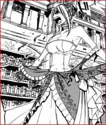 00s 1girl border breasts choker cleavage dress fairy_tail greyscale hair_ornament large_breasts lucy_heartfilia mashima_hiro monochrome open_mouth red_border scanlation solo torn_clothes rating:Questionable score:8 user:danbooru