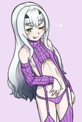  hand_on_own_stomach loli long_hair melusine_(fate) meme_attire one_eye_closed purple_sweater smile smug sweater tongue tongue_out virgin_killer_sweater white_hair wink yellow_eyes 