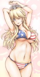 10s 1girl ;p american_flag_bikini american_flag_print armpits arms_up bikini blonde_hair blue_eyes blush breasts cleavage collarbone covered_erect_nipples cowboy_shot eyebrows flag_print gears grey_hat hat highres iowa_(kancolle) kantai_collection large_breasts md5_mismatch navel okutama_tarou one_eye_closed print_bikini skindentation solo sparkle standing star-shaped_pupils star_(symbol) star_print stomach striped swimsuit symbol-shaped_pupils tongue tongue_out underboob rating:Questionable score:24 user:danbooru