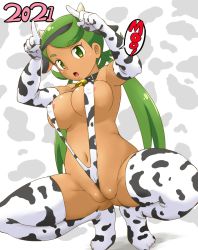 1girl 2021 animal_ears animal_print areola_slip armpits arms_up bell belly bikini blush breasts chinese_zodiac choker cleft_of_venus collar collarbone cow_ears cow_horns cow_print cow_print_bikini cowbell creatures_(company) dark-skinned_female dark_skin elbow_gloves fake_animal_ears fat_mons female_focus full_body game_freak gloves green_eyes green_hair hairband highres horns horns_pose large_breasts long_hair looking_at_viewer mallow_(pokemon) matching_hair/eyes navel neck_bell nintendo one-piece_swimsuit pokemon pokemon_(anime) pokemon_sm_(anime) print_bikini pussy slingshot_swimsuit solo spread_legs squatting swept_bangs swimsuit thighhighs tof white_one-piece_swimsuit white_thighhighs year_of_the_ox rating:Explicit score:98 user:Vardigiil