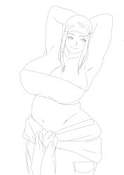  1girl absurdres armpits arms_behind_head arms_up belly breasts cleavage highres huge_breasts minuranakatawa8 muscular muscular_arms muscular_female navel plump smile solo wide_hips winry_rockbell  rating:Sensitive score:9 user:ArchivistSapling
