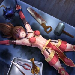  1girl armor armpits bad_end bdsm bikini_armor bondage bound brown_hair captured clenched_teeth crying crying_with_eyes_open defeat drooling eternal_dread female_warrior game_over horror_(theme) imminent_death imminent_penetration imminent_rape lying midriff navel on_back pear_of_anguish peeing peeing_out_of_fear restrained ryona scalpel scared scared_expression skinny_female stationary_restraints sweat tears teeth torture torture_chamber torture_rack wide-eyed wide_eyes 