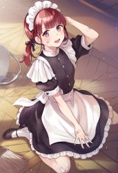 1girl :d apron back_bow bandaid bandaid_on_arm bandaid_on_hand bandaid_on_knee bandaid_on_leg black_footwear bow bucket dojikko e_(eokiba) hand_on_own_head highres looking_at_viewer maid maid_apron maid_headdress mary_janes mop open_mouth original puffy_short_sleeves puffy_sleeves red_eyes red_hair shoes short_sleeves sitting smile socks solo spill sweatdrop waist_apron wariza white_bow white_socks