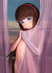  1girl balcony blue_eyes blush brown_hair cloud commentary_request curtain_grab curtains female_focus flat_chest hairband highres jishimaru loli long_hair looking_at_viewer navel nude original out-of-frame_censoring railing sky smile solo standing twintails upper_body  rating:Questionable score:102 user:danbooru