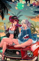  +_+ 2girls absurdres animal_costume barefoot baseball_cap bikini bikini_under_clothes black_footwear black_headwear black_jacket blue_eyes blue_hair blue_hoodie blue_nails bottle colored_inner_hair earrings eyewear_on_head fins fish_tail food gawr_gura gawr_gura_(1st_costume) gold_earrings gold_necklace grey_hair grey_shorts hair_ornament hat heart heart-shaped_eyewear heart_earrings heart_necklace heterochromia highres holding holding_bottle holding_food holding_popsicle hololive hololive_english hood hoodie houshou_marine houshou_marine_(summer) jacket jewelry long_hair multicolored_hair multiple_girls nail_polish necklace official_alternate_costume open_mouth palm_leaf palm_tree ponytail popsicle purple_hair red_eyes red_hair red_jacket sandals shark_costume shark_girl shark_hair_ornament shark_tail sharp_teeth shinkiro_(hololive) shirt shorts sidelocks sitting_on_car smile snarkhunt streaked_hair sunglasses swimsuit tail teeth thigh_strap toenail_polish toenails tree two-sided_fabric two-sided_jacket two_side_up virtual_youtuber water_bottle white_shirt yellow_eyes 