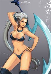  1girl aqua_nails bikini blue_eyes breasts cleavage diana_(league_of_legends) earrings facial_mark forehead_mark hand_on_own_hip huge_weapon jewelry large_breasts league_of_legends lips long_hair nail_polish navel necklace neo-tk.. nose over-kneehighs scar sideboob silver_hair solo swimsuit thighhighs very_long_hair weapon  rating:Sensitive score:29 user:danbooru