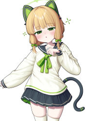  1girl absurdres alternate_costume animal_ear_headphones animal_ears black_sailor_collar black_skirt blonde_hair blue_archive blush bow cat_tail cowboy_shot fake_animal_ears green_bow green_eyes hair_bow headphones highres long_sleeves looking_at_viewer metaljelly midori_(blue_archive) parted_lips pleated_skirt sailor_collar short_hair simple_background skirt solo tail thighhighs white_background white_thighhighs 
