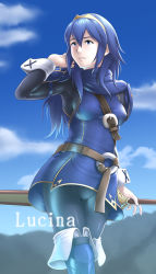 1girl blue_eyes blue_hair boots breasts cameltoe cape covered_erect_nipples fire_emblem fire_emblem_awakening hand_in_own_hair long_hair lucina_(fire_emblem) matching_hair/eyes medium_breasts nintendo pantyhose solo strap sword thor_(deep_rising) tiara weapon rating:Sensitive score:54 user:danbooru