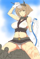 10s 1girl bad_id bad_nijie_id bare_shoulders breasts brown_hair gloves green_eyes headgear hose kantai_collection large_breasts microskirt midriff mutsu_(kancolle) nakadori_(movgnsk) navel open_mouth panties pantyshot see-through short_hair sitting skirt solo spread_legs sweat turret underwear upskirt water wet wet_clothes white_gloves white_panties rating:Questionable score:15 user:danbooru