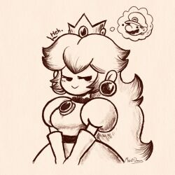 1girl breasts dress facial_hair gloves highres large_breasts long_hair looking_at_viewer mario mario_(series) monochrome mustache nintendo paper_mario princess_peach sketch smile smug solo thinking traditional_media