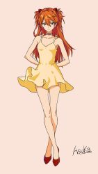  1girl artist_request bare_legs blue_eyes breasts brown_hair character_name cleavage dress expressionless highres neon_genesis_evangelion short_dress small_breasts solo souryuu_asuka_langley sundress thighs tsundere yellow_dress 