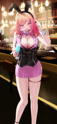  1girl absurdres ahoge akuame_(ring3922) alternate_costume animal_ears bar_(place) black_vest blush breasts bunny_garden buttons cleavage cocktail_glass collar commentary_request cup detached_collar double-breasted drinking_glass fake_animal_ears hair_ornament hairclip hairpin highres holding holding_cup hololive hololive_dev_is ichijou_ririka indoors large_breasts leotard long_hair looking_at_viewer open_mouth orange_eyes orange_hair pink_eyes pink_hair playboy_bunny rabbit_ears short_hair smile solo standing thigh_strap vest virtual_youtuber white_collar white_wrist_cuffs wine_glass wrist_cuffs 