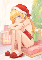  1girl bare_shoulders blonde_hair blue_eyes blush box breasts check_copyright christmas christmas_tree copyright_request earrings expressionless full_body gift gift_box hat jewelry leotard long_hair looking_at_viewer original red_leotard santa_hat sitting slippers small_breasts solo yugen99 