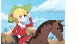  1girl blonde_hair blue_eyes blue_sky blush chargeman_ken! closed_mouth cloud commentary_request cowboy_hat cowboy_shot day dress fuka_(kantoku) green_hat hat highres holster horse horseback_riding izumi_caron jewelry long_hair long_sleeves medium_bangs necklace outdoors pearl_necklace ponytail red_dress riding saddle sky smile solo 