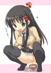  1girl black_eyes black_hair blush bowl breasts clothes_lift eeeeee female_focus full_body necktie peeing pussy school_uniform skirt skirt_lift solo squatting thighhighs uncensored white_background  rating:Explicit score:25 user:aerd