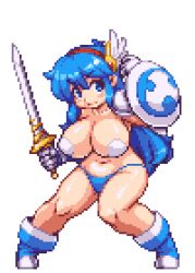  1girl animated animated_gif armor bikini bikini_bottom_only blue_eyes blue_hair boots bouncing_breasts breasts fighting_stance gloves hairband huge_breasts long_hair lowres matching_hair/eyes navel original pasties pixel_art sb_(coco1) shield solo swimsuit sword tecna_(yumura_kino) topless warrior weapon  rating:Questionable score:264 user:danbooru