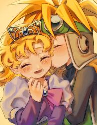  1boy 1girl black_bodysuit blonde_hair blush bodysuit brother_and_sister cape closed_eyes dragon_quest dragon_quest_ii dress facing_another goggles goggles_on_head goggles_on_headwear green_tabard highres juliet_sleeves kiss kiss_day kissing_cheek long_sleeves medium_hair nogo_(nogo_059) open_mouth orange_cape prince prince_of_samantoria princess princess_of_samantoria puffy_sleeves siblings smile spiked_hair tabard tiara turtleneck turtleneck_bodysuit upper_body 