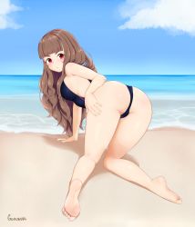  1girl absurdres all_fours ass bare_arms bare_legs barefoot beach brown_hair feet female_focus goki_buri hand_on_own_hip highres idolmaster idolmaster_cinderella_girls kamiya_nao looking_at_viewer soles solo swimsuit thick_eyebrows  rating:Questionable score:106 user:FRC-Amygdala