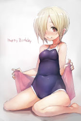 10s 1girl :d bare_arms bare_legs bare_shoulders barefoot blonde_hair blue_one-piece_swimsuit blush breasts collarbone competition_school_swimsuit covered_navel english_text grey_background grin hair_over_one_eye happy_birthday highres idolmaster idolmaster_cinderella_girls knees_together_feet_apart looking_at_viewer nose_bubble one-piece_swimsuit open_mouth red_eyes school_swimsuit shirasaka_koume short_hair simple_background sitting skin_tight small_breasts smile solo swimsuit taishi_(picchiridou) tareme teeth text_focus towel wariza rating:Sensitive score:20 user:danbooru