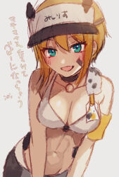  1girl :d armband bandaid bandaid_on_cheek bandaid_on_face bare_shoulders black_choker black_pants blonde_hair blue_eyes blush breasts choker cleavage collarbone commentary_request cowboy_shot goddess_of_victory:_nikke groin hair_between_eyes hat looking_at_viewer maxwell_(nikke) medium_breasts navel open_mouth pants shimada_(smd_dms) short_hair short_hair_with_long_locks sidelocks sketch smile solo sports_bra standing stomach translation_request visor_cap white_hat white_sports_bra yellow_armband  rating:Sensitive score:10 user:danbooru
