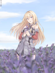  1girl absurdres anchor atodashi bare_shoulders bismarck_(kancolle) blonde_hair blue_eyes blue_sky breasts collar day detached_sleeves field flower flower_field grey_thighhighs hair_between_eyes hat highres holding holding_flower jewelry kantai_collection large_breasts long_hair looking_at_viewer metal_collar military_hat military_uniform open_mouth outdoors purple_flower ring sky smile solo standing thighhighs uniform very_long_hair wedding_ring 