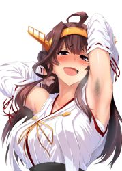 10s 1girl ahoge armpit_hair armpits bad_id bad_pixiv_id blue_eyes blush breasts breath brown_hair detached_sleeves full-face_blush heavy_breathing kantai_collection kongou_(kancolle) large_breasts looking_at_viewer nontraditional_miko solo sweat tears ulrich_(tagaragakuin) rating:Questionable score:36 user:danbooru
