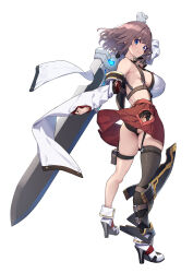  1girl baffu black_panties blue_eyes breasts brown_hair closed_mouth commentary_request detached_sleeves from_side full_body garter_straps high_heels highres hitoyo_(baffu) holding holding_sword holding_weapon huge_weapon large_breasts leg_armor looking_at_viewer looking_to_the_side original panties pantyshot pleated_skirt pouch red_skirt short_hair side_slit sideboob simple_background single_thighhigh skirt sleeves_past_fingers sleeves_past_wrists solo standing sword thigh_pouch thigh_strap thighhighs underwear very_long_sleeves weapon weapon_behind_back white_background 