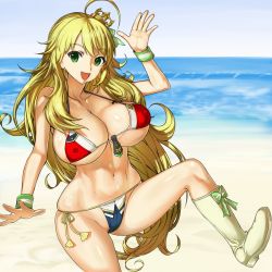  1girl ahoge beach bikini blonde_hair breasts cleavage covered_erect_nipples crown green_eyes hoshii_miki idolmaster idolmaster_(classic) large_breasts leopard_(artist) long_hair looking_at_viewer navel open_mouth shiny_skin side-tie_bikini_bottom smile solo swimsuit very_long_hair 