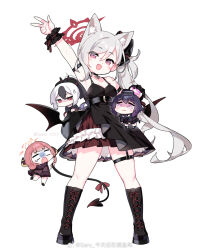  4girls @_@ alternate_costume animal_ear_fluff animal_ears arm_up armpits aru_(blue_archive) black_choker black_dress black_footwear black_hair black_hoodie black_horns black_tail black_wings blue_archive blush boots breasts brown_coat brown_horns cat_ears choker cleavage closed_mouth coat coat_on_shoulders collarbone demon_horns demon_tail demon_wings dress extra_ears grey_hair grey_halo halo haruka_(blue_archive) highres hood hood_down hoodie horns kayoko_(blue_archive) long_hair medium_hair mini_person minigirl multiple_girls mutsuki_(blue_archive) open_mouth pink_eyes pink_hair pink_halo ponytail problem_solver_68_(blue_archive) purple_hair purple_halo red_eyes red_halo saru simple_background small_breasts smile tail white_background white_hair wings  rating:Sensitive score:4 user:danbooru