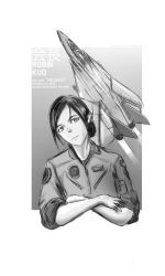  1girl absurdres aircraft airplane black_hair character_name chinese_text crossed_arms english_text f-14 f-14_tomcat fighter_jet fongsaunder greyscale highres jet military military_vehicle monochrome pilot pilot_suit ponytail prez_(project_wingman) project_wingman sketch solo 