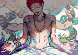 1boy abs bare_shoulders bead_bracelet bead_necklace beads bracelet buddhism chain chain_necklace colorful ear_piercing evil_grin evil_smile eyelashes eyeshadow facial_tattoo frown graffiti green_eyes grin hand_gesture hands_on_own_knees harai_kuko hypnosis_mic jewelry light_rays looking_at_viewer makeup male_focus necklace open_mouth pearl_bracelet pectorals piercing red_eyeshadow red_hair shadow short_hair shoulder_tattoo sitting slit_pupils smile solo sunlight tattoo teeth tongue tongue_out tori_shiru tsurime upper_body upper_teeth_only