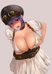 1girl alternate_costume ayane_(doa) belt blush grabbing_another&#039;s_breast breast_hold breasts collar dead_or_alive dead_or_alive_5 goggles goggles_on_headwear grabbing heavy_breathing huge_breasts leaning_forward open_mouth panties purple_hair red_eyes see-through short_hair solo sweat tkln underwear rating:Questionable score:177 user:danbooru