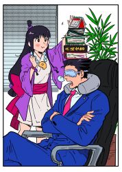  1boy 1girl ace_attorney arms_up bad_id bad_twitter_id black_hair blue_jacket blue_pants blue_suit blunt_bangs blush book book_stack calendar_(object) chair chinese_commentary closed_mouth collared_shirt commentary_request crossed_arms formal half_updo hand_up highres inactive_account indoors jacket japanese_clothes jewelry long_hair long_sleeves magatama magatama_necklace maya_fey neck_pillow necklace necktie nose_bubble office_chair open_mouth pants phoenix_wright plant shirt short_hair sidelocks sitting sleep_mask sleeping sleeping_upright spiked_hair standing suit swivel_chair topknot vivi95862484 white_shirt window_blinds  rating:General score:4 user:danbooru