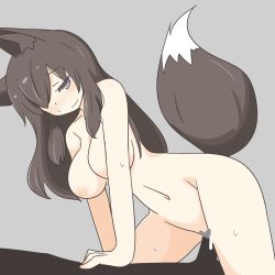  1boy 1girl animal_ears arm_support big_o_pants black_hair breasts cowgirl_position cum fox_ears fox_tail girl_on_top grey_background highres large_breasts long_hair nude original sex simple_background smile straddling sweat tail vaginal 