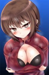  10s 1girl black_bra blue_background blush bra breast_hold breasts brown_eyes brown_hair cleavage closed_mouth dress_shirt girls_und_panzer gradient_background large_breasts leaning_forward looking_at_viewer nishizumi_maho open_clothes open_shirt portrait red_shirt shirt short_hair smile solo standing sweat underwear yottin  rating:Sensitive score:9 user:danbooru