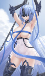  1girl absurdres alsace_(azur_lane) armored_legwear armpits arms_up azur_lane bare_shoulders belt between_breasts black_belt black_gloves black_tiara blue_hair blue_sky breast_strap breastless_clothes breasts cleavage closed_mouth cloud collarbone commentary_request covered_navel cowboy_shot day detached_collar dress elbow_gloves eye_mask gauntlets gloves hair_ornament highres holding holding_staff ichikushi_mojibake large_breasts long_hair parted_bangs revealing_clothes ribbon sidelocks skindentation sky solo staff standing strap_between_breasts tiara underbust very_long_hair white_dress 