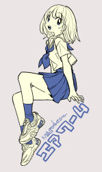  1girl arm_support artist_name blue_neckerchief blue_skirt blue_socks from_side grey_background highres invisible_chair knee_up limited_palette looking_at_viewer mago neckerchief nike_(company) open_mouth original pleated_skirt product_placement sailor_collar school_uniform serafuku shoes simple_background sitting skirt sneakers socks solo spot_color 