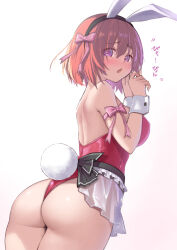  1girl animal_ears arm_ribbon ass ass_focus back bare_shoulders blush bob_cut breasts chocolate_cosmos_(flower_knight_girl) fake_animal_ears fake_tail flower_knight_girl from_behind hair_between_eyes hair_ribbon highleg highleg_leotard kintarou_(kintarou&#039;s_room) large_breasts leotard looking_back open_mouth playboy_bunny purple_eyes rabbit_ears rabbit_tail red_hair red_leotard ribbon short_hair shoulder_blades solo standing strapless strapless_leotard tail translation_request wrist_cuffs 