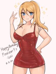  1girl alternate_costume bare_arms bare_shoulders blonde_hair blue_eyes blush breasts cleavage commentary cowboy_shot dated dress hand_up happy_birthday highres large_breasts long_hair looking_at_viewer metroid mole mole_under_mouth nintendo pencil_dress ponytail purrlucii red_dress samus_aran sleeveless sleeveless_dress smile solo standing thighs 