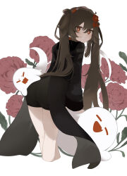  1girl 2others absurdres annoyed artist_request ass black_shorts blush boo_tao_(genshin_impact) brown_eyes brown_hair chinese_clothes coattails come_hither flower from_behind genshin_impact ghost grin hair_flower hair_ornament highres hu_tao_(genshin_impact) kneeling long_hair looking_at_viewer looking_back multiple_others naughty_face short_shorts shorts smile twintails very_long_hair 