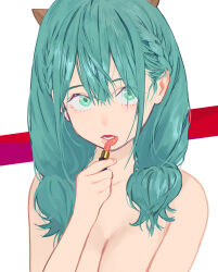  1girl applying_makeup aqua_eyes aqua_hair braid breasts cleavage commentary_request crossed_bangs hair_between_eyes hair_over_shoulder hand_up highres holding horns large_breasts lipstick long_hair looking_at_viewer lower_teeth_only makeup nahia_(some1else45) open_mouth original sidelocks solo some1else45 teeth topless twintails upper_body  rating:Questionable score:15 user:danbooru