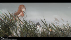  4girls alphonse_(white_datura) artist_name black_hair closed_mouth cloud dress english_text from_behind glasses grass grey_sky highres long_hair looking_at_viewer multiple_girls original outdoors red-framed_eyewear red_hair sky sleeveless sleeveless_dress walking white_dress 