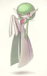  artist_name bob_cut colored_skin creatures_(company) dress floating game_freak gardevoir gen_3_pokemon green_hair highres looking_at_viewer multicolored_skin nintendo pink_eyes pokemon pokemon_(creature) serious simple_background totennko two-tone_skin white_dress white_skin 