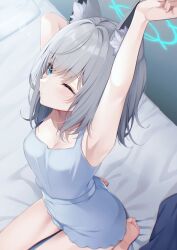  1girl absurdres animal_ear_fluff animal_ears arm_up armpits barefoot bed_sheet blue_archive blue_camisole blue_eyes blue_halo breasts camisole commentary_request from_above grey_hair halo highres making-of_available medium_breasts medium_hair official_alternate_costume on_bed one_eye_closed outstretched_arm sasakichi_(ssk_chi) shiroko_(blue_archive) sitting solo variant_set waking_up wolf_ears 