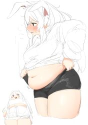  1girl animal_ear_fluff animal_ears belly black_shorts blush breasts clothes_lift embarrassed fat highres long_hair medium_breasts midriff multiple_views navel nimo_(b45ui) original plump rabbit_ears red_eyes shorts simple_background smile sweatdrop sweater sweater_lift thighs thighs_together weight_gain white_background white_hair white_sweater  rating:Sensitive score:33 user:Empty_Void